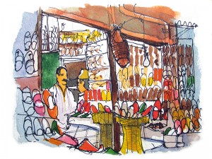 croquis aquarelle Pascal Pariselle souks Marrakech Maroc