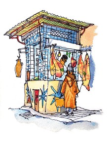 croquis aquarelle Pascal Pariselle souks Marrakech Maroc