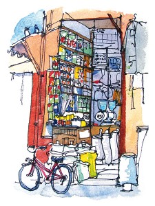 croquis aquarelle Pascal Pariselle souks Marrakech Maroc
