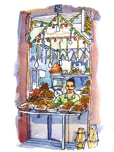 croquis aquarelle Pascal Pariselle souks Marrakech Maroc