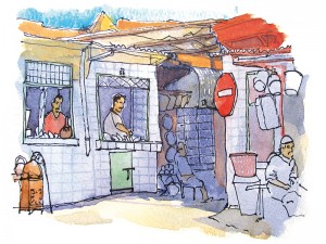 croquis aquarelle Pascal Pariselle souks Marrakech Maroc